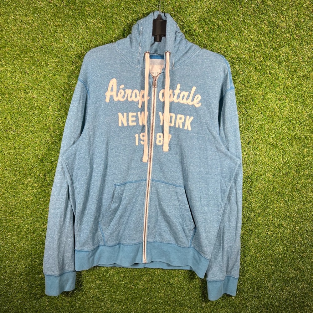 Aeropostale New York 1987 Full Zip Hoodie Blue Heathered Sweatshirt Womens Large